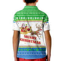 Sierra Leone Christmas Kid Polo Shirt with Festive Green Pattern, Golden Lion Emblem, and Santa Sleigh Motif - Wonder Print Shop