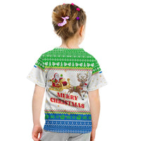 Sierra Leone Christmas Kid T Shirt with Festive Green Pattern, Golden Lion Emblem, and Santa Sleigh Motif - Wonder Print Shop
