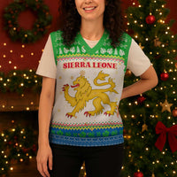 Sierra Leone Christmas Knitted V-Neck Vest with Festive Green Pattern, Golden Lion Emblem, and Santa Sleigh Motif - Wonder Print Shop