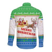 Sierra Leone Christmas Long Sleeve Button Shirt with Festive Green Pattern, Golden Lion Emblem, and Santa Sleigh Motif - Wonder Print Shop