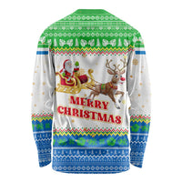 Sierra Leone Christmas Long Sleeve Shirt with Festive Green Pattern, Golden Lion Emblem, and Santa Sleigh Motif - Wonder Print Shop