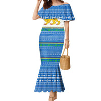 Sierra Leone Christmas Mermaid Dress with Festive Green Pattern, Golden Lion Emblem, and Santa Sleigh Motif - Wonder Print Shop