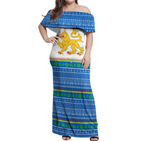 Sierra Leone Christmas Off Shoulder Maxi Dress with Festive Green Pattern, Golden Lion Emblem, and Santa Sleigh Motif - Wonder Print Shop