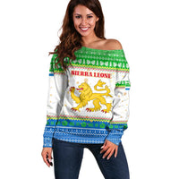 Sierra Leone Christmas Off Shoulder Sweater with Festive Green Pattern, Golden Lion Emblem, and Santa Sleigh Motif - Wonder Print Shop
