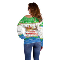 Sierra Leone Christmas Off Shoulder Sweater with Festive Green Pattern, Golden Lion Emblem, and Santa Sleigh Motif - Wonder Print Shop