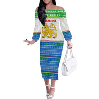 Sierra Leone Christmas Off The Shoulder Long Sleeve Dress with Festive Green Pattern, Golden Lion Emblem, and Santa Sleigh Motif - Wonder Print Shop
