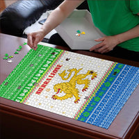 Sierra Leone Christmas Puzzle with Festive Green Pattern, Golden Lion Emblem, and Santa Sleigh Motif - Wonder Print Shop