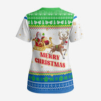 Sierra Leone Christmas Scrub Top with Festive Green Pattern, Golden Lion Emblem, and Santa Sleigh Motif - Wonder Print Shop