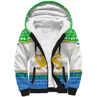 Sierra Leone Christmas Sherpa Hoodie with Festive Green Pattern, Golden Lion Emblem, and Santa Sleigh Motif - Wonder Print Shop