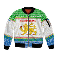 Sierra Leone Christmas Sleeve Zip Bomber Jacket with Festive Green Pattern, Golden Lion Emblem, and Santa Sleigh Motif - Wonder Print Shop