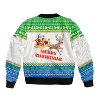 Sierra Leone Christmas Sleeve Zip Bomber Jacket with Festive Green Pattern, Golden Lion Emblem, and Santa Sleigh Motif - Wonder Print Shop