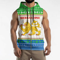 Sierra Leone Christmas Sleeveless Zip Hoodie with Festive Green Pattern, Golden Lion Emblem, and Santa Sleigh Motif - Wonder Print Shop