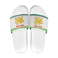 Sierra Leone Christmas Slide Sandals with Festive Green Pattern, Golden Lion Emblem, and Santa Sleigh Motif - Wonder Print Shop