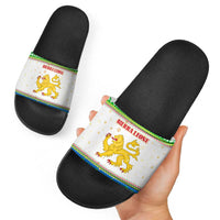 Sierra Leone Christmas Slide Sandals with Festive Green Pattern, Golden Lion Emblem, and Santa Sleigh Motif - Wonder Print Shop
