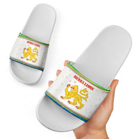 Sierra Leone Christmas Slide Sandals with Festive Green Pattern, Golden Lion Emblem, and Santa Sleigh Motif - Wonder Print Shop