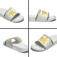Sierra Leone Christmas Slide Sandals with Festive Green Pattern, Golden Lion Emblem, and Santa Sleigh Motif - Wonder Print Shop