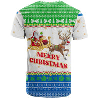 Sierra Leone Christmas T Shirt with Festive Green Pattern, Golden Lion Emblem, and Santa Sleigh Motif - Wonder Print Shop