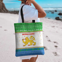 Sierra Leone Christmas Tote Bag with Festive Green Pattern, Golden Lion Emblem, and Santa Sleigh Motif - Wonder Print Shop