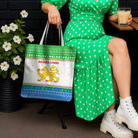 Sierra Leone Christmas Tote Bag with Festive Green Pattern, Golden Lion Emblem, and Santa Sleigh Motif - Wonder Print Shop