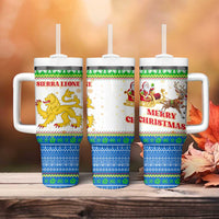 Sierra Leone Christmas Tumbler With Handle with Festive Green Pattern, Golden Lion Emblem, and Santa Sleigh Motif - Wonder Print Shop