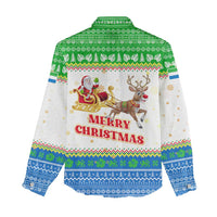 Sierra Leone Christmas Women Casual Shirt with Festive Green Pattern, Golden Lion Emblem, and Santa Sleigh Motif - Wonder Print Shop