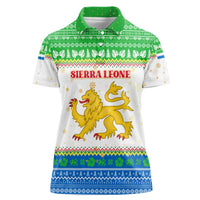 Sierra Leone Christmas Women Polo Shirt with Festive Green Pattern, Golden Lion Emblem, and Santa Sleigh Motif - Wonder Print Shop