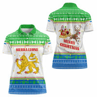 Sierra Leone Christmas Women Polo Shirt with Festive Green Pattern, Golden Lion Emblem, and Santa Sleigh Motif - Wonder Print Shop