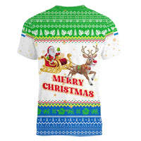 Sierra Leone Christmas Women V-Neck T-Shirt with Festive Green Pattern, Golden Lion Emblem, and Santa Sleigh Motif - Wonder Print Shop