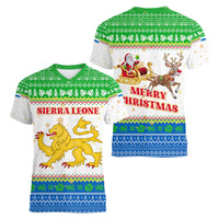 Sierra Leone Christmas Women V-Neck T-Shirt with Festive Green Pattern, Golden Lion Emblem, and Santa Sleigh Motif - Wonder Print Shop