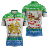 Sierra Leone Christmas Zipper Polo Shirt with Festive Green Pattern, Golden Lion Emblem, and Santa Sleigh Motif - Wonder Print Shop