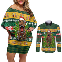 Christmas T Rex In Noel Tree Couples Matching Off Shoulder Short Dress and Long Sleeve Button Shirt Xmas Holiday Patterns - Wonder Print Shop