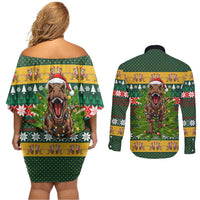 Christmas T Rex In Noel Tree Couples Matching Off Shoulder Short Dress and Long Sleeve Button Shirt Xmas Holiday Patterns - Wonder Print Shop