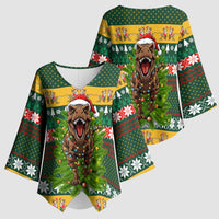 Christmas T Rex In Noel Tree Kimono Sleeve Blouse Xmas Holiday Patterns - Wonder Print Shop