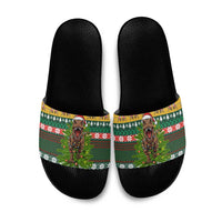 Christmas T Rex In Noel Tree Slide Sandals Xmas Holiday Patterns - Wonder Print Shop