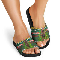 Christmas T Rex In Noel Tree Slide Sandals Xmas Holiday Patterns - Wonder Print Shop