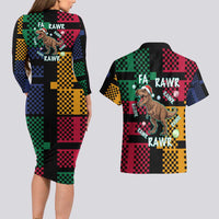 Christmas T Rex Rawr Rawr Rawr Couples Matching Long Sleeve Bodycon Dress and Hawaiian Shirt Xmas Holiday Patterns - Wonder Print Shop