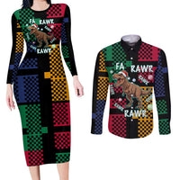Christmas T Rex Rawr Rawr Rawr Couples Matching Long Sleeve Bodycon Dress and Long Sleeve Button Shirt Xmas Holiday Patterns - Wonder Print Shop