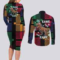 Christmas T Rex Rawr Rawr Rawr Couples Matching Long Sleeve Bodycon Dress and Long Sleeve Button Shirt Xmas Holiday Patterns - Wonder Print Shop