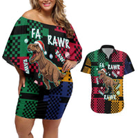 Christmas T Rex Rawr Rawr Rawr Couples Matching Off Shoulder Short Dress and Hawaiian Shirt Xmas Holiday Patterns - Wonder Print Shop