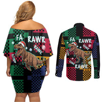 Christmas T Rex Rawr Rawr Rawr Couples Matching Off Shoulder Short Dress and Long Sleeve Button Shirt Xmas Holiday Patterns - Wonder Print Shop