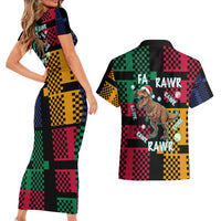 Christmas T Rex Rawr Rawr Rawr Couples Matching Short Sleeve Bodycon Dress and Hawaiian Shirt Xmas Holiday Patterns - Wonder Print Shop