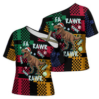 Christmas T Rex Rawr Rawr Rawr Cross Shoulder Shirt Xmas Holiday Patterns - Wonder Print Shop