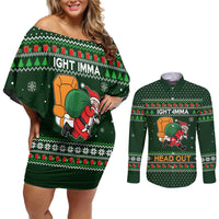 Ight Imma Head Out Santa Funny Christmas Christmas Couples Matching Off Shoulder Short Dress and Long Sleeve Button Shirt Xmas Holiday Patterns - Wonder Print Shop