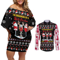 Wine Red Christmas Christmas Christmas Couples Matching Off Shoulder Short Dress and Long Sleeve Button Shirt Xmas Holiday Patterns - Wonder Print Shop
