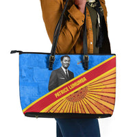 Patrice Lumumba Leather Tote Bag with Congolese Flag Colors and African History Quote - Wonder Print Shop