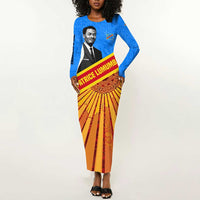 Patrice Lumumba Long Sleeve Bodycon Dress with Congolese Flag Colors and African History Quote - Wonder Print Shop