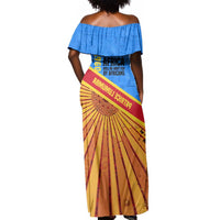 Patrice Lumumba Off Shoulder Maxi Dress with Congolese Flag Colors and African History Quote - Wonder Print Shop