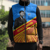 Patrice Lumumba Sleeveless Puffer Jacket with Congolese Flag Colors and African History Quote - Wonder Print Shop