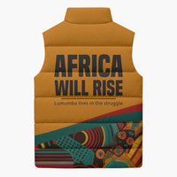 Patrice Lumumba Sleeveless Puffer Jacket with Profile Portrait and Bold Africa Will Rise Statement - Wonder Print Shop
