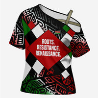 Jomo Kenyatta Cross Shoulder Shirt with Roots Resistance Renaissance and Kenyan Patchwork Pattern Tribute - Wonder Print Shop